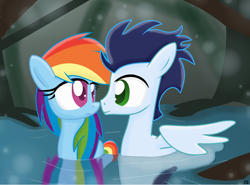 Size: 1956x1448 | Tagged: safe, artist:littlecloudie, rainbow dash, soarin', duck pony, pegasus, pony, boop, confused, eye contact, female, lake, male, noseboop, nuzzling, shipping, smiling, soarindash, straight, water