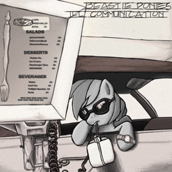 Size: 500x500 | Tagged: safe, artist:tex, rainbow dash, pegasus, pony, album cover, beastie boys, car, grayscale, limited palette, menu, monochrome, solo, sunglasses