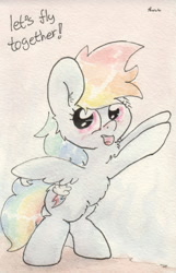 Size: 684x1062 | Tagged: safe, artist:slightlyshade, rainbow dash, pegasus, pony, bipedal, female, fluffy, looking at you, open mouth, signature, simple background, smiling, solo, spread wings, text, traditional art, white background