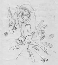 Size: 1200x1351 | Tagged: safe, artist:wingbeatpony, derpibooru import, rainbow dash, pegasus, pony, female, flying, food, gallagher, goggles, hammer, horsedrawncarnage, mare, open mouth, signature, sketch, smashing, smiling, solo, spread wings, traditional art, watermelon, wings