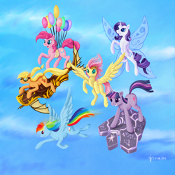 Size: 4000x4000 | Tagged: safe, artist:dalagar, derpibooru import, applejack, fluttershy, pinkie pie, rainbow dash, rarity, twilight sparkle, earth pony, pegasus, pony, unicorn, balloon, flying, glimmer wings, goggles, mane six, steampunk, then watch her balloons lift her up to the sky