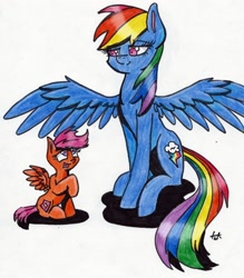 Size: 2428x2766 | Tagged: safe, artist:pepperscratch, derpibooru import, rainbow dash, scootaloo, pegasus, pony, high res, scootalove, sitting, spread wings, traditional art