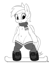 Size: 1280x1607 | Tagged: safe, artist:pabbley, derpibooru import, rainbow dash, pegasus, pony, belly button, bipedal, clothes, grayscale, monochrome, scarf, simple background, snowboard, socks, solo, white background