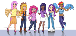 Size: 1266x604 | Tagged: safe, artist:dominoblox, derpibooru import, applejack, fluttershy, pinkie pie, rainbow dash, rarity, twilight sparkle, human, clothes, converse, dark skin, horned humanization, humanized, light skin, mane six, shoes, winged humanization