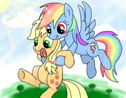 Size: 640x500 | Tagged: safe, artist:imo, derpibooru import, applejack, rainbow dash, earth pony, pegasus, pony, blushing, female, flying, mare, pixiv, red eyes, screaming, wrong eye color