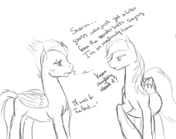 Size: 1309x1038 | Tagged: safe, artist:patch, rainbow dash, soarin', pegasus, pony, angry, belly, dialogue, eye contact, female, frown, glare, male, monochrome, nervous, preggo dash, pregnant, shipping, sketch, soarindash, straight, sweat, wavy mouth