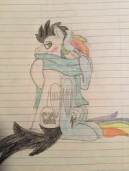 Size: 2448x3264 | Tagged: safe, artist:skysketch56, derpibooru import, rainbow dash, soarin', pony, blushing, clothes, crayon drawing, irl, lined paper, male, photo, scarf, shared clothing, shared scarf, shipping, soarindash, straight, traditional art