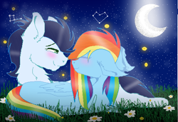 Size: 528x362 | Tagged: safe, artist:soarinrainbowdash3, derpibooru import, rainbow dash, soarin', pegasus, pony, blushing, male, moon, night, shipping, soarindash, stars, straight