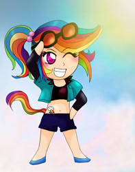 Size: 2362x2999 | Tagged: safe, artist:smikimimi, rainbow dash, human, belly button, chibi, clothes, humanized, midriff, shorts, solo, tailed humanization