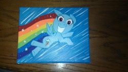 Size: 652x368 | Tagged: safe, artist:13-kira-13, rainbow dash, pegasus, pony, the cutie mark chronicles, filly, filly rainbow dash, flying, painting, scene interpretation, solo, traditional art