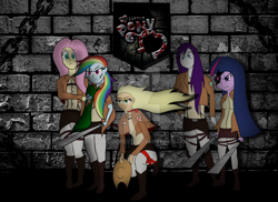 Size: 1024x745 | Tagged: safe, artist:mundogreen, derpibooru import, applejack, fluttershy, rainbow dash, rarity, twilight sparkle, equestria girls, attack on titan, crossover, eyepatch, watermark