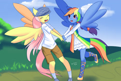 Size: 1800x1200 | Tagged: safe, artist:drantyno, fluttershy, rainbow dash, human, alternate hairstyle, blushing, breasts, clothes, delicious flat chest, dress, flattershy, humanized, pony coloring, shorts, skinny, tailed humanization, winged humanization