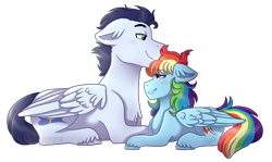 Size: 2400x1431 | Tagged: safe, artist:artistcoolpony, artist:kikirdcz, derpibooru import, rainbow dash, soarin', pegasus, pony, floppy ears, male, nuzzling, prone, shipping, simple background, size difference, smoldash, soarindash, straight, transparent background