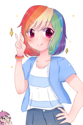 Size: 1314x1977 | Tagged: safe, artist:windymils, derpibooru import, rainbow dash, human, alternate hairstyle, blushing, clothes, cute, dashabetes, duo, duo female, female, humanized, peace sign, short hair, simple background, smiling, solo focus, white background