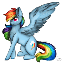 Size: 812x812 | Tagged: safe, artist:twinkepaint, derpibooru import, rainbow dash, pegasus, pony, backwards cutie mark, one eye closed, simple background, sitting, solo, white background, wink