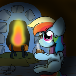 Size: 500x500 | Tagged: safe, artist:sugarcloud12, derpibooru import, rainbow dash, pegasus, pony, fire, fireplace, solo