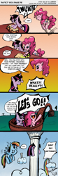 Size: 580x1747 | Tagged: safe, artist:labba94, artist:pony-berserker, derpibooru import, pinkie pie, rainbow dash, twilight sparkle, earth pony, pegasus, pony, book, catapult, cloud, comic, physically impossible, physics, pillar