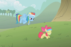 Size: 960x640 | Tagged: safe, screencap, apple bloom, rainbow dash, pegasus, pony, call of the cutie, bedroom eyes, coach, eyes on the prize, out of context, push-ups, whistle