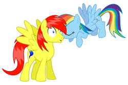 Size: 1023x679 | Tagged: safe, artist:masem, rainbow dash, oc, oc:crimson azure, pegasus, pony, 5 bits, awkward, canon x oc, crimsondash, female, kissing, male, pay up, simple background, straight, transparent background