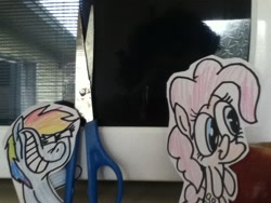 Size: 960x720 | Tagged: safe, derpibooru import, pinkie pie, rainbow dash, irl, microwave, photo, rainbowdashsmailbag, scissors