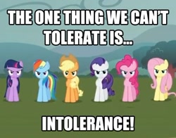 Size: 500x391 | Tagged: safe, derpibooru import, edit, edited screencap, screencap, applejack, fluttershy, pinkie pie, rainbow dash, rarity, twilight sparkle, earth pony, pegasus, pony, unicorn, the return of harmony, artifact, hornless unicorn, image macro, intolerance, irony, line-up, mane six, missing horn, paradox, reaction image, wingless