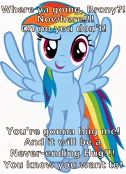 Size: 761x1050 | Tagged: artist needed, source needed, safe, rainbow dash, pegasus, pony, bronybait, demands, female, hooves, hug, mare, open mouth, question, raised eyebrow, reaction image, simple background, smiling, solo, spread wings, text, vector, white background, wings
