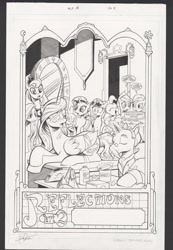 Size: 1106x1600 | Tagged: safe, artist:andypriceart, derpibooru import, idw, applejack, fluttershy, kibitz, pinkie pie, princess celestia, princess luna, rainbow dash, rarity, spike, twilight sparkle, twilight sparkle (alicorn), alicorn, dragon, earth pony, pegasus, pony, unicorn, reflections, spoiler:comic, spoiler:comic18, cake, dialogue, eyes closed, food, lip bite, looking at each other, magic mirror, mane six, open mouth, prone, shrunken pupils, smiling, traditional art