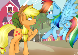 Size: 4102x2870 | Tagged: safe, artist:cosmiickatie, derpibooru import, applejack, rainbow dash, earth pony, pegasus, pony, absurd resolution, chest fluff, competition, cowboy hat, eye contact, floating, hat, iron pony, looking at each other, profile, raised hoof, signature, spit, spread wings, stetson, sweet apple acres, wings