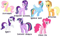 Size: 7918x4962 | Tagged: safe, artist:steelph, derpibooru import, applejack, fluttershy, pinkie pie, rainbow dash, rarity, starlight glimmer, twilight sparkle, twilight sparkle (alicorn), alicorn, earth pony, pegasus, pony, unicorn, absurd resolution, bedroom eyes, looking at you, mane six, simple background, text, white background