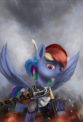 Size: 1800x2665 | Tagged: safe, artist:cattle32, derpibooru import, rainbow dash, pegasus, pony, alternate hairstyle, armor, fire, rain, raised hoof, serious, serious face, signature, slit eyes, solo, spread wings, sword, the witcher, weapon, wings
