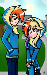 Size: 1000x1600 | Tagged: safe, artist:kikirdcz, rainbow blitz, rainbow dash, human, bubblegum, clothes, hoodie, humanized, rule 63