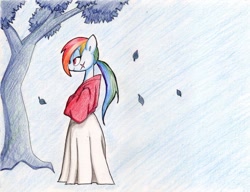 Size: 1024x787 | Tagged: safe, artist:unousaya, rainbow dash, pegasus, pony, alternate hairstyle, clothes, parody, ponytail, rurouni kenshin, solo, traditional art, tree