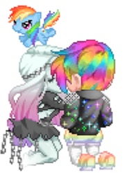 Size: 516x659 | Tagged: safe, derpibooru import, rainbow dash, human, clothes, gaia online, humanized, jacket, kissing, kneeling, make out, rainbow shoes, rule 63, shoes, shorts