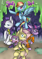 Size: 800x1131 | Tagged: safe, artist:moenkin, fluttershy, rainbow dash, rarity, spike, twilight sparkle, goo, pony, unicorn, cosplay, crossover, daphne blake, forest, fred jones, glasses, night, poster, scared, scooby doo, shaggy rogers, velma dinkley