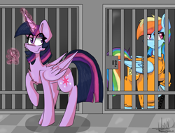 Size: 1024x776 | Tagged: safe, artist:teaandsheep, derpibooru import, rainbow dash, twilight sparkle, twilight sparkle (alicorn), alicorn, pegasus, pony, bars, bound wings, cell, chains, clothes, commission, cuffs, jail, key, levitation, magic, prison, prison outfit, prisoner, prisoner rd, rainbow dash is not amused, shackles, telekinesis, twilight is not amused, unamused