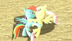 Size: 1280x720 | Tagged: safe, derpibooru import, fluttershy, rainbow dash, pegasus, pony, 3d, beach, cuddling, female, flutterdash, gmod, lesbian, sand, shipping, snuggling