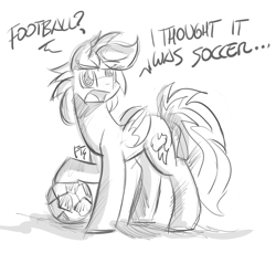 Size: 2632x2416 | Tagged: safe, artist:flutterthrash, derpibooru import, rainbow dash, pegasus, pony, 30 minute art challenge, american football, ball, dialogue, football, monochrome, sketch