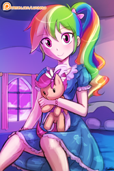 Size: 750x1125 | Tagged: safe, alternate version, artist:lumineko, derpibooru import, rainbow dash, scootaloo, human, alternate hairstyle, bed, blushing, bow, bracelet, clothes, curtain, cute, dashabetes, dress, female, hair bow, humanized, implied scootalove, jewelry, looking at you, nightgown, patreon, patreon logo, plushie, ponytail, rainbow dash always dresses in style, smiling, solo, window