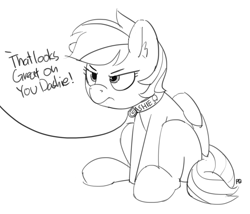 Size: 1280x1098 | Tagged: safe, artist:pabbley, derpibooru import, rainbow dash, pegasus, pony, collar, dialogue, glare, grayscale, leash, monochrome, offscreen character, pet play, pony pet, simple background, sitting, this will end in tears and/or death, unamused, white background