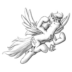 Size: 1000x1000 | Tagged: safe, artist:blue-paint-sea, derpibooru import, rainbow dash, pegasus, pony, armpits, flexing, flying, looking at you, monochrome, signature, simple background, sketch, smiling, solo, white background