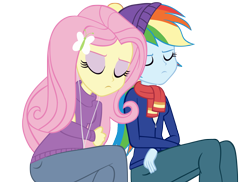 Size: 6062x4422 | Tagged: safe, artist:invisibleink, derpibooru import, fluttershy, rainbow dash, equestria girls, absurd resolution, clothes, hat, scarf, simple background, sleeping, sweater, transparent background, turtleneck, vector