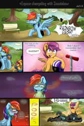 Size: 1400x2100 | Tagged: safe, artist:redheadfly, derpibooru import, rainbow dash, scootaloo, changeling, pegasus, pony, comic, cute, cutealoo, engrish, helmet, love, scooter, walking