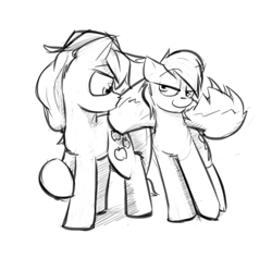 Size: 400x377 | Tagged: safe, artist:captainhoers, derpibooru import, applejack, rainbow dash, earth pony, pegasus, pony, appledash, butt touch, feathermarking, female, lesbian, never doubt tchernobog's involvement, shipping