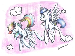 Size: 1024x765 | Tagged: safe, artist:lionessfortune, rainbow dash, soarin', pegasus, pony, female, flying, male, shipping, smiling, soarindash, straight, traditional art