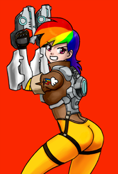 Size: 2000x2933 | Tagged: safe, artist:ixalon, artist:johnjoseco, color edit, derpibooru import, edit, rainbow dash, human, ass, clothes, colored, female, humanized, overwatch, rainbow tracer, rainbutt dash, red background, simple background, solo, tracer