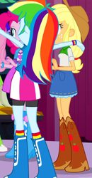 Size: 374x720 | Tagged: safe, derpibooru import, screencap, applejack, pinkie pie, rainbow dash, equestria girls, boots, bracelet, carousel boutique, clothes, cowboy boots, cropped, high heel boots, jewelry, socks