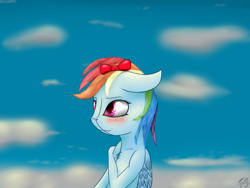 Size: 1600x1200 | Tagged: safe, artist:deviousfate, rainbow dash, pegasus, pony, blushing, bow, cloud, cloudy, cute, sky, solo