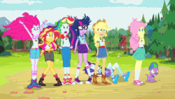 Size: 800x450 | Tagged: safe, derpibooru import, edit, edited screencap, screencap, applejack, fluttershy, pinkie pie, rainbow dash, rarity, sci-twi, spike, spike the regular dog, sunset shimmer, twilight sparkle, dog, equestria girls, legend of everfree, animated, boots, bracelet, clothes, converse, cowboy boots, gif, hat, humane five, humane seven, humane six, jewelry, reversed, shoes, sneakers, socks