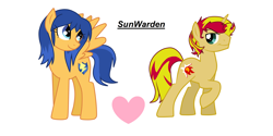 Size: 3064x1528 | Tagged: safe, artist:t-mack56, edit, flash sentry, sunset shimmer, pegasus, pony, unicorn, female, flareglare, flashimmer, heart, male, mare, raised hoof, rule 63, shipping, simple background, stallion, straight, white background