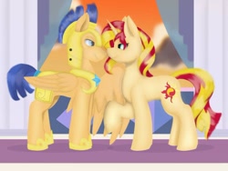 Size: 900x675 | Tagged: safe, artist:greenfire-exe, flash sentry, sunset shimmer, pony, female, flashimmer, male, shipping, straight